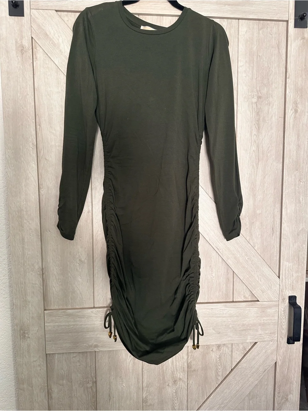 Michael Kors Olive Long Sleeve Ruched Midi Dress